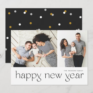 Modern Minimal Happy New Year Two Photo Holiday Card