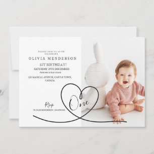 Modern Minimal Heart Boho 1st Birthday Photo Invitation