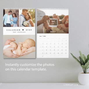 Modern Minimal Heart Customizable Family Photo Calendar