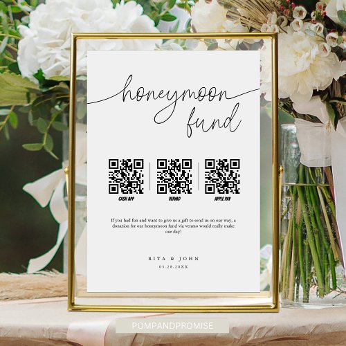 Modern Minimal Honeymoon Fund Cash QR Code Wedding Pedestal Sign