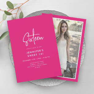 Modern Minimal Hot Pink Photo Sweet 16 Invitation