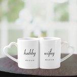 Modern Minimal Hubby and Wifey Newlywed Coffee Mug Set<br><div class="desc">Custom-designed coffee mug set for the newlyweds featuring modern minimalist black and white design with personalized date.</div>