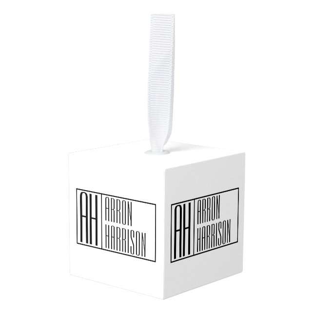 Modern Minimal Initials & Name Logo Cube Ornament (Front Angled)