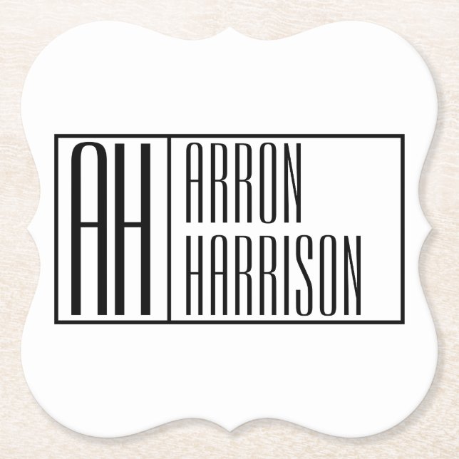 Modern Minimal Initials & Name Logo Paper Coaster (Front)