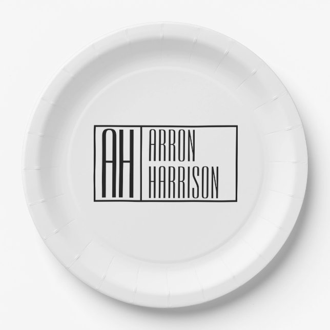 Modern Minimal Initials & Name Logo Paper Plates (Front)