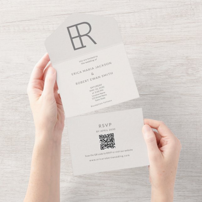 Modern Minimal Interlocking Monogram All In One Invitation (Tearaway)