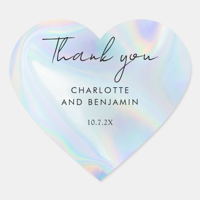 Modern Minimal Iridescent Script Wedding Thank You Heart Sticker (Front)