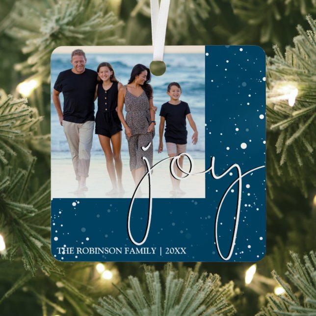 Modern Minimal Joy | Photo Christmas Holiday Metal Ornament (Insitu)