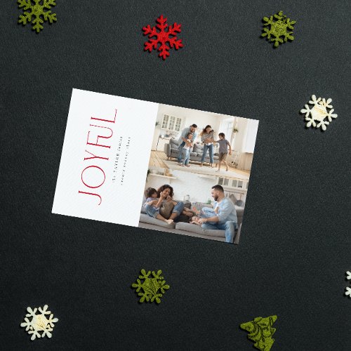 Modern Minimal Joyful Red Family 2 Photo Christmas Holiday Card
