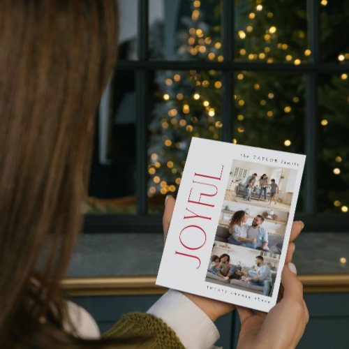 Modern Minimal Joyful Red Family 3 Photo Christmas Holiday Card