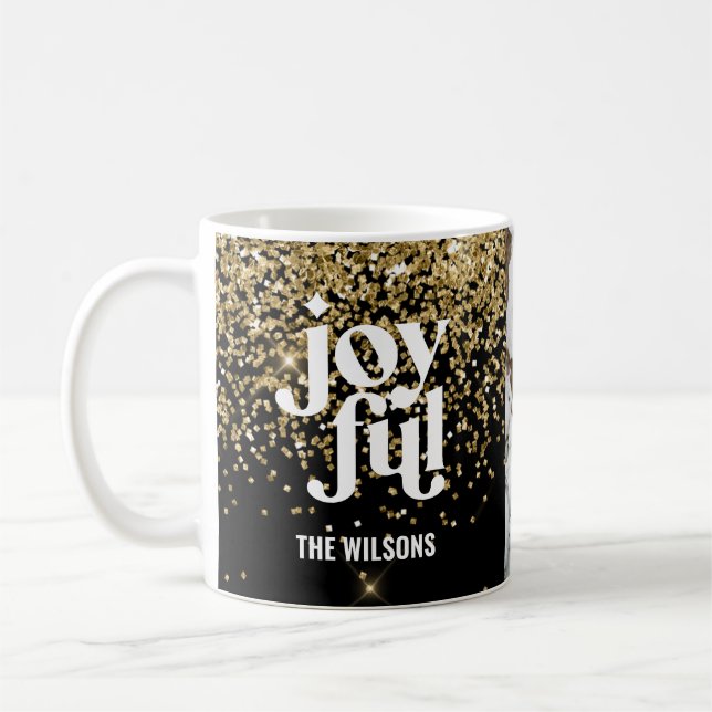 Modern minimal joyful typography photo holiday coffee mug (Left)
