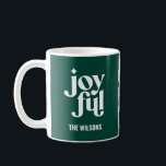 Modern minimal joyful typography photo holiday coffee mug<br><div class="desc">Chic,  modern minimal green and white graphic holiday design. Add your own photo and family name or message to make it extra special. would make a great christmas gift for mom or any family member or friend. Part of a holiday collection. other colors available.</div>