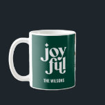 Modern minimal joyful typography photo holiday coffee mug<br><div class="desc">Chic,  modern minimal green and white graphic holiday design. Add your own photo and family name or message to make it extra special. would make a great christmas gift for mom or any family member or friend. Part of a holiday collection. other colors available.</div>