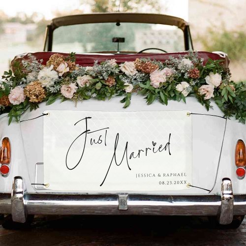 Modern Minimal Just Married Mr and Mrs Wedding Car Banner