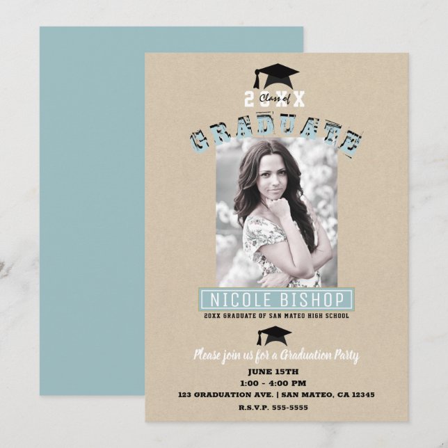 Modern Minimal Kraft Blue Photo Graduation Party   Invitation (Front/Back)