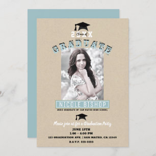 Modern Minimal Kraft Blue Photo Graduation Party Invitation