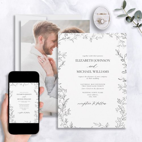 Modern Minimal Leaf Black  White Photo Wedding Invitation