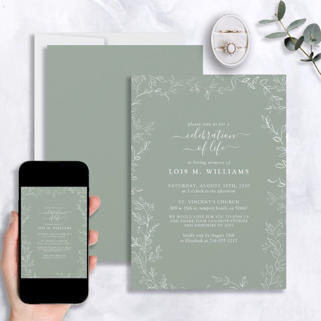 Modern Minimal Leaf Sage Green Celebration of Life Invitation (Creator Uploaded)