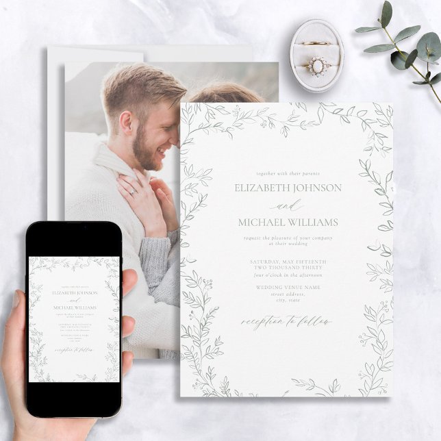Modern Minimal Leaf Sage Green Photo Wedding Invitation (Creator Uploaded)