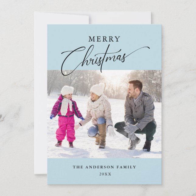 Modern Minimal Light Blue Photo Merry Christmas Holiday Card (Front)