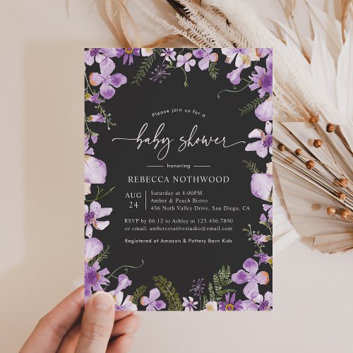 Modern Minimal Lilac Floral Baby Shower Invitation