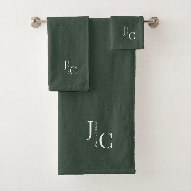 Modern Minimal Logo Monogram Simple Forest Green Bath Towel Set (Insitu)