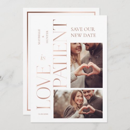 Modern Minimal Love is Patient Rose Gold Photo Save The Date