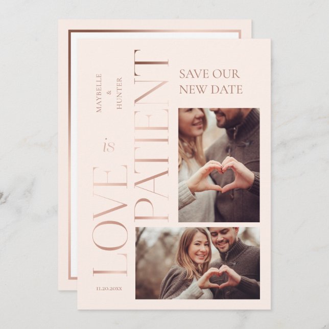 Modern Minimal Love is Patient Rose Gold Photo Save The Date (Front/Back)