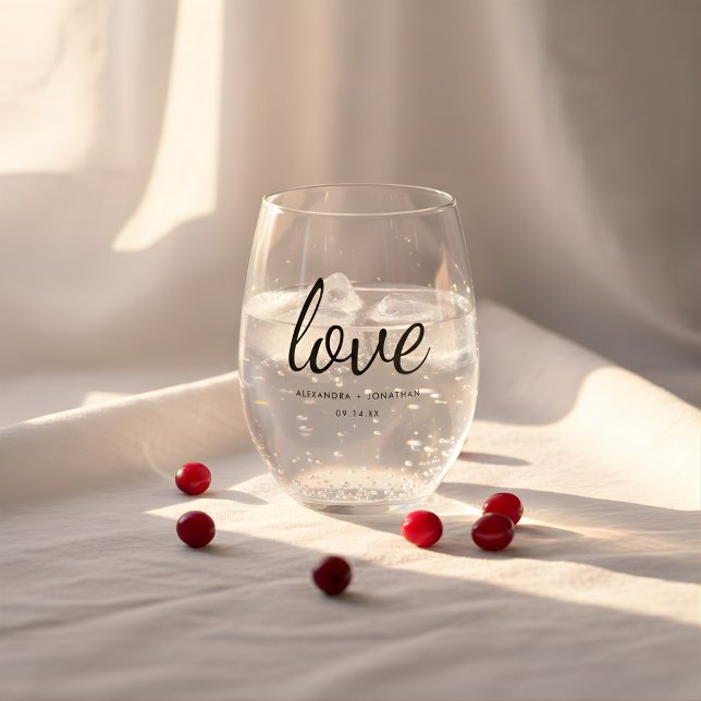 Modern Minimal 'Love' Wedding Couple Names & Date Stemless Wine Glass (Creator Uploaded)