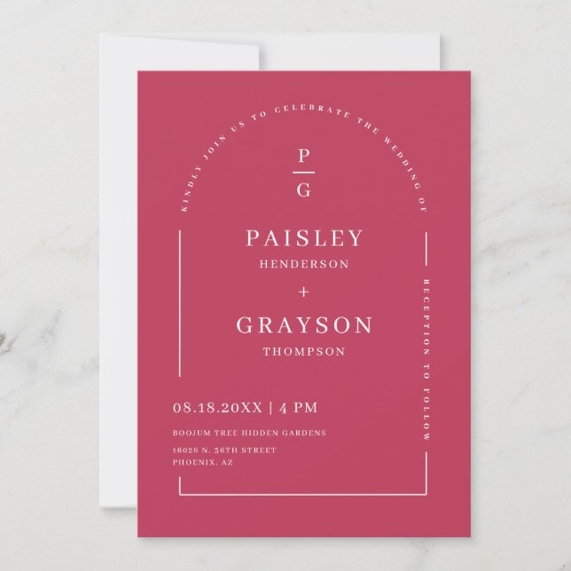 Modern Minimal Magenta Arch QR Code Wedding Photo Invitation (Front)