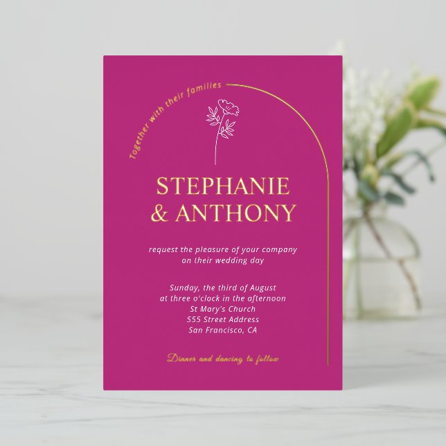 Modern Minimal Magenta Arch Wildflower Wedding  Foil Invitation (Standing Front)