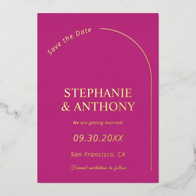 Modern Minimal Magenta with Arch Wedding     Foil Invitation (Front)