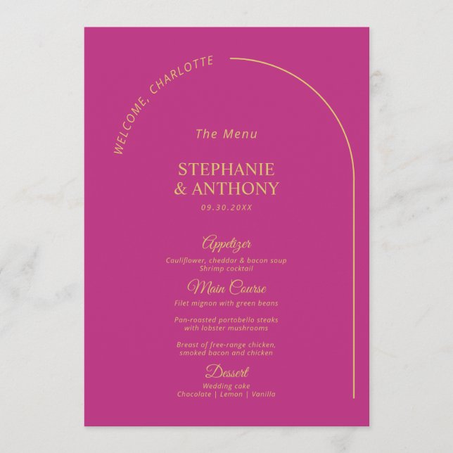Modern Minimal Magenta with Arch Wedding  Menu (Front)