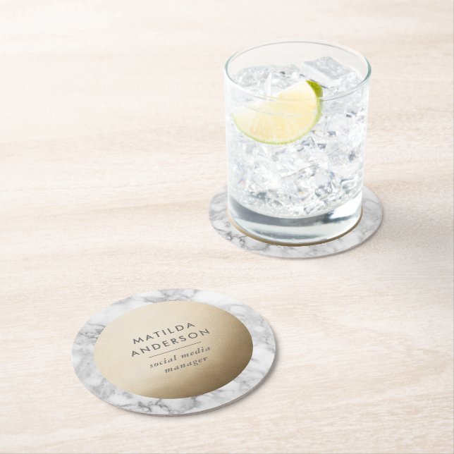 Modern minimal marble and gold geometric round paper coaster (Insitu)