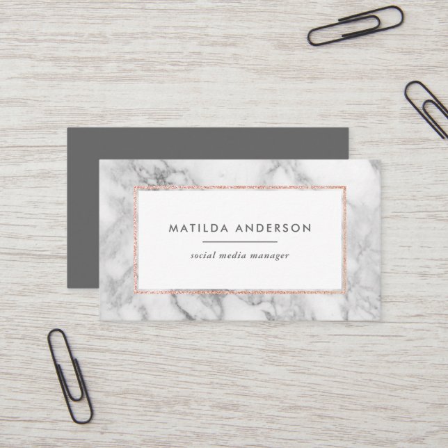 Modern minimal marble and rose gold geometric business card (Front/Back In Situ)