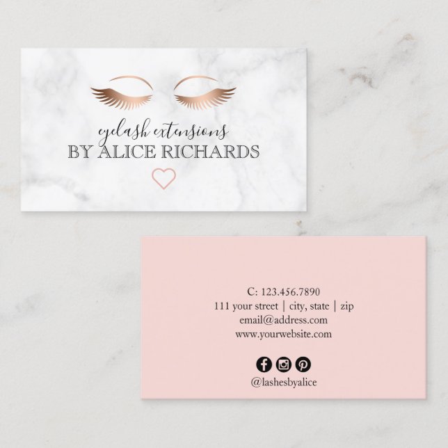 Modern minimal marble rose gold eyelash extensions business card (Front/Back)