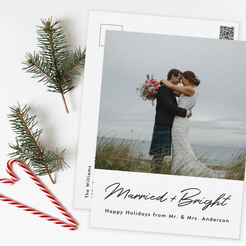 Modern Minimal Married and Bright Newlywed Photo Postcard