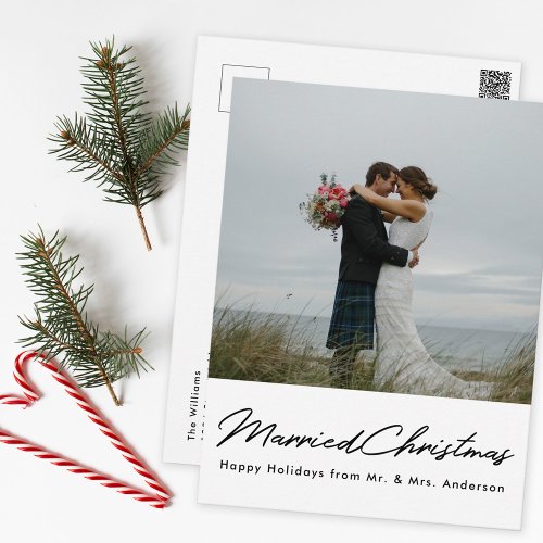Modern Minimal Married Christmas Newlywed Photo Postcard