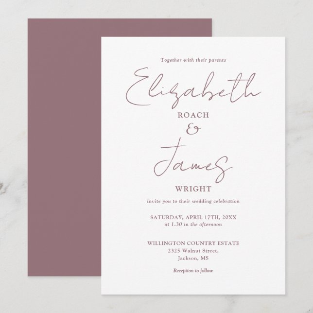 modern Minimal Mauve Elegant Script Wedding Invitation (Front/Back)