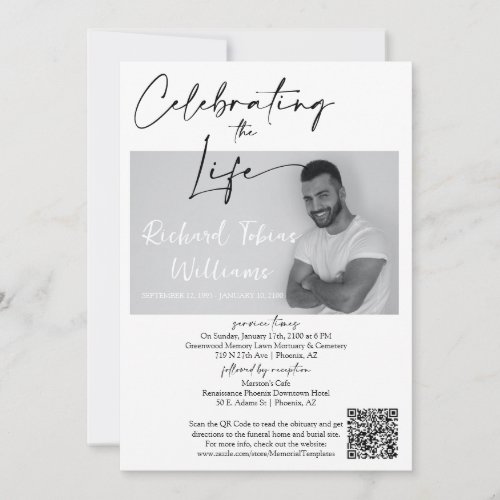 Modern Minimal Memorial Photo QR Code Funeral Invitation