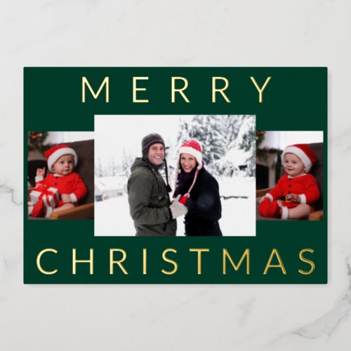 Modern Minimal Merry Christmas Family Photo Green Foil Holiday Card
