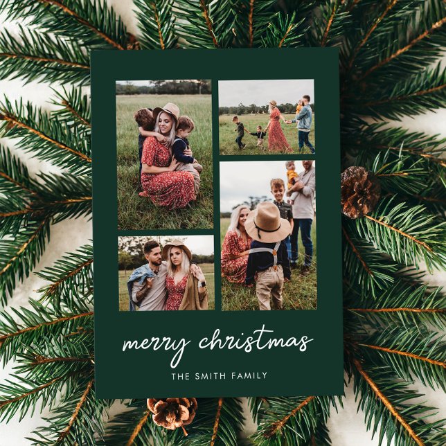 Modern Minimal Merry Christmas Four Photo Collage Holiday Card (Creator Uploaded)