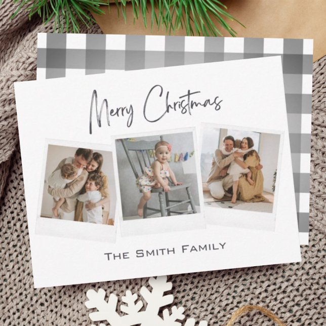 Modern Minimal Merry Christmas Gingham Photo Card (Creator Uploaded)