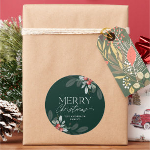 Modern Minimal Merry Christmas Greenery Classic Round Sticker