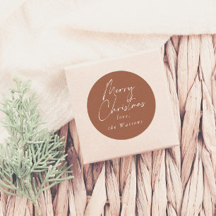Modern Minimal Merry Christmas Rust Red Classic Round Sticker