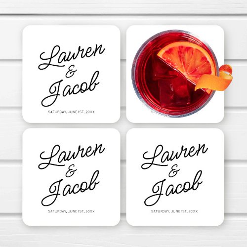 Modern Minimal Minimalist Black and White Wedding Square Paper Coaster