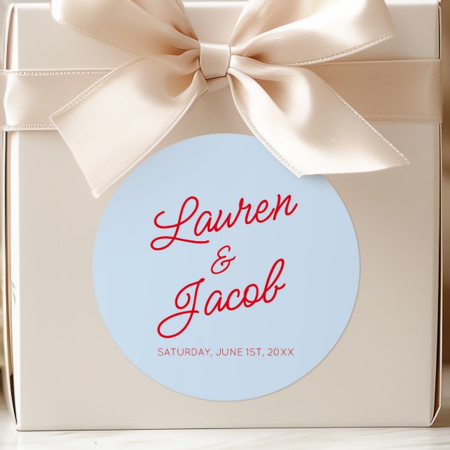 Modern Minimal Minimalist Blue and Red Wedding Classic Round Sticker (Creator Uploaded)