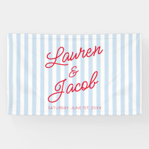 Modern Minimal Minimalist Blue Stripes Red Wedding Banner