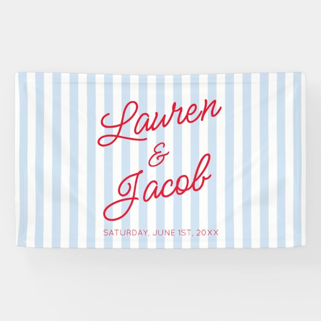 Modern Minimal Minimalist Blue Stripes Red Wedding Banner (Horizontal)