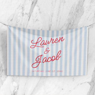 Modern Minimal Minimalist Blue Stripes Red Wedding Banner